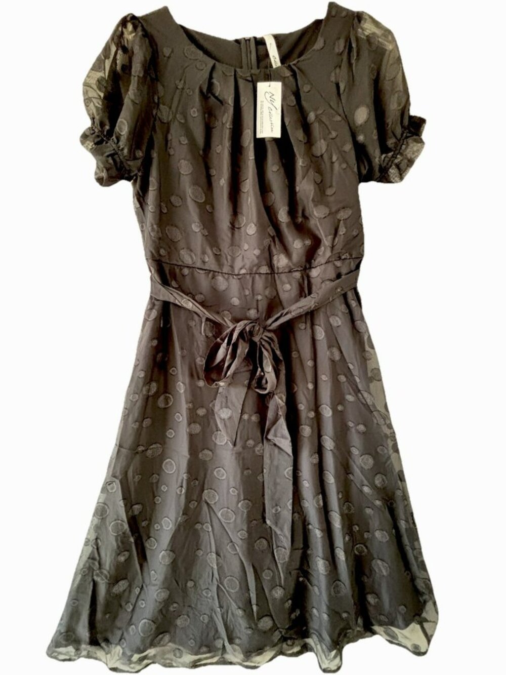 Calvin Klein Black Polka Dot Sheer Dress Womens 12 Tie Waist Short Sleeve NWT
